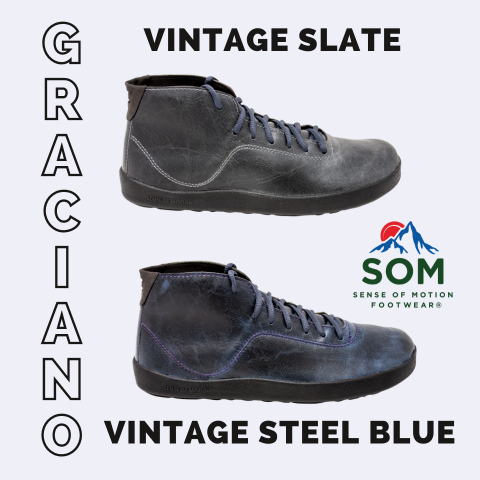 Graciano, a barefoot-style zero-drop mid-top available in two colors: vintage slate or steel blue.