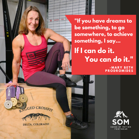 four time world crossfit masters champion Mary Beth Prodromides wears SOM Footwear because they don't hold her back when training