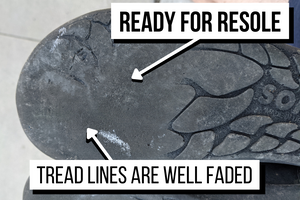 When you can't see the tread lines because they have faded into the sole, you know you are ready for a resole.