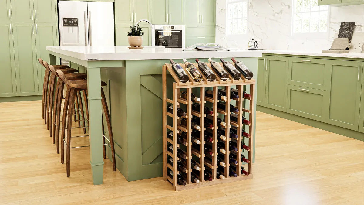 Wood wine rack with display top in a green kitchen in front of the island with barstool seating