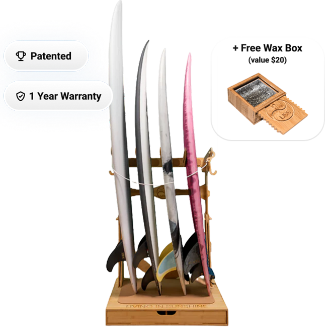 Surfboard rack with free coasters and wooden box.