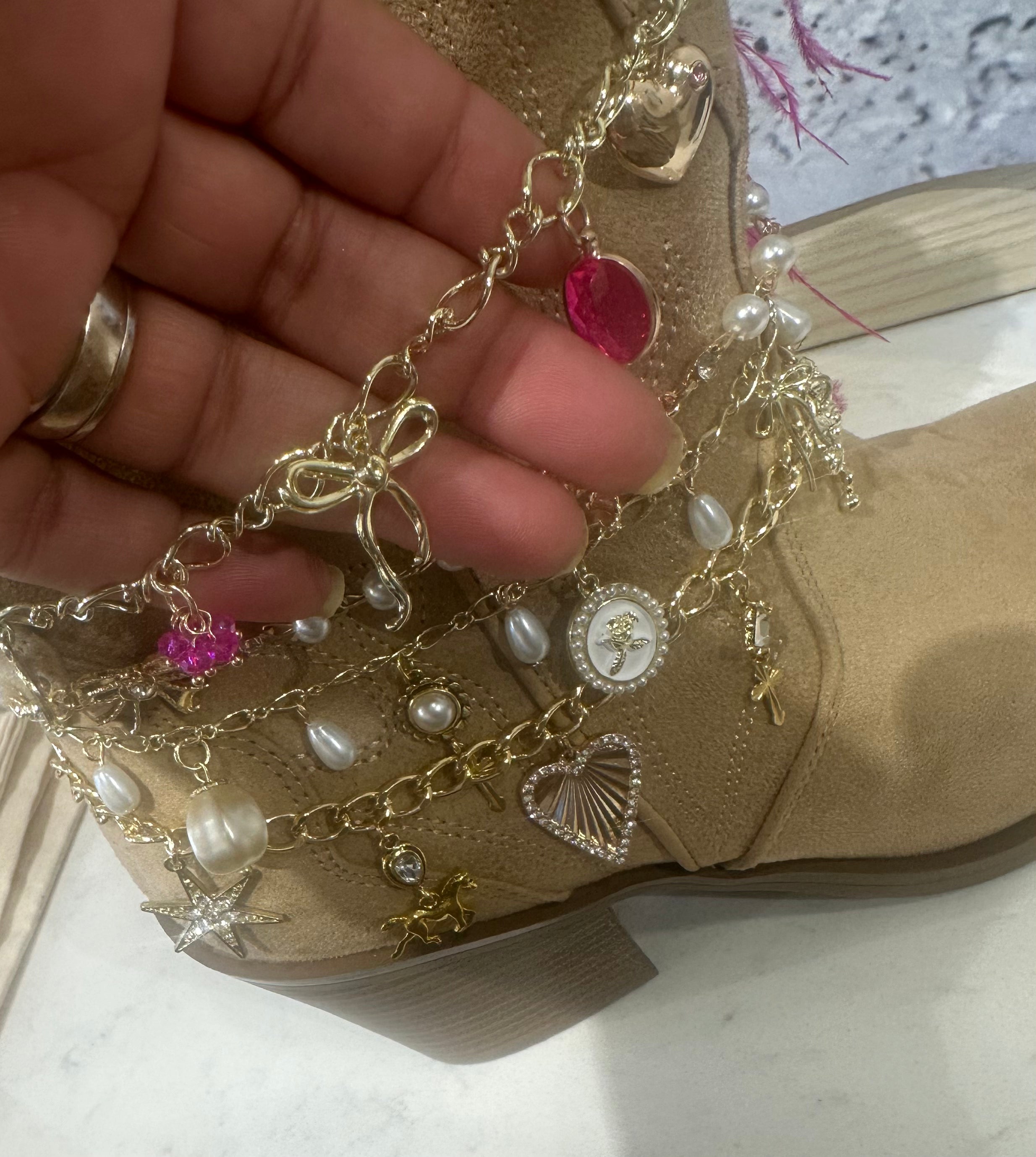 Boot Charm with bow, heart, and pink jewels on gold chain