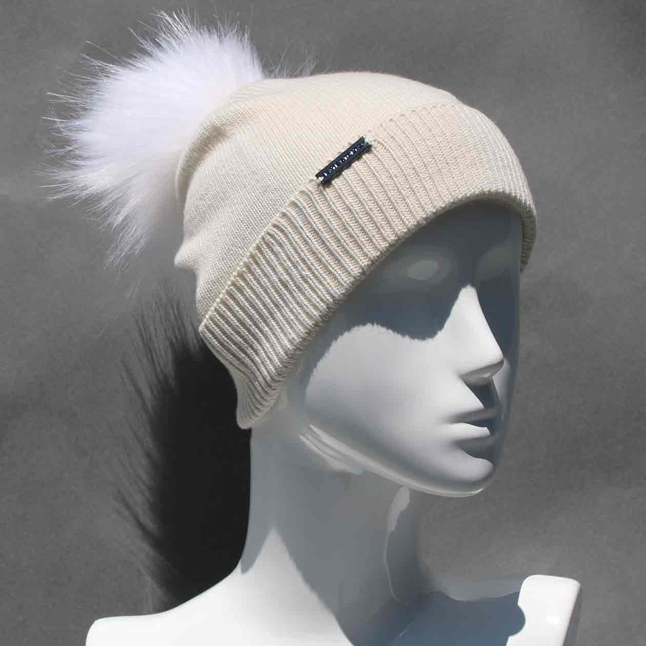 Knit Cashmere Hat with Faux Fur Pom Pom /Multiple Colors