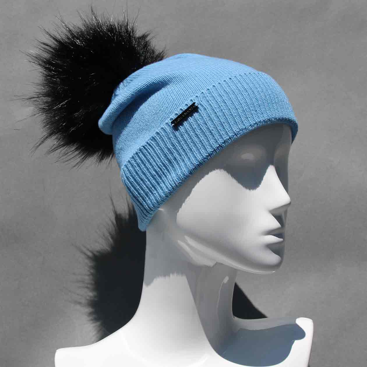 Spring Lake Blue Knit Hat with Custom Color Faux Fur Pom Pom