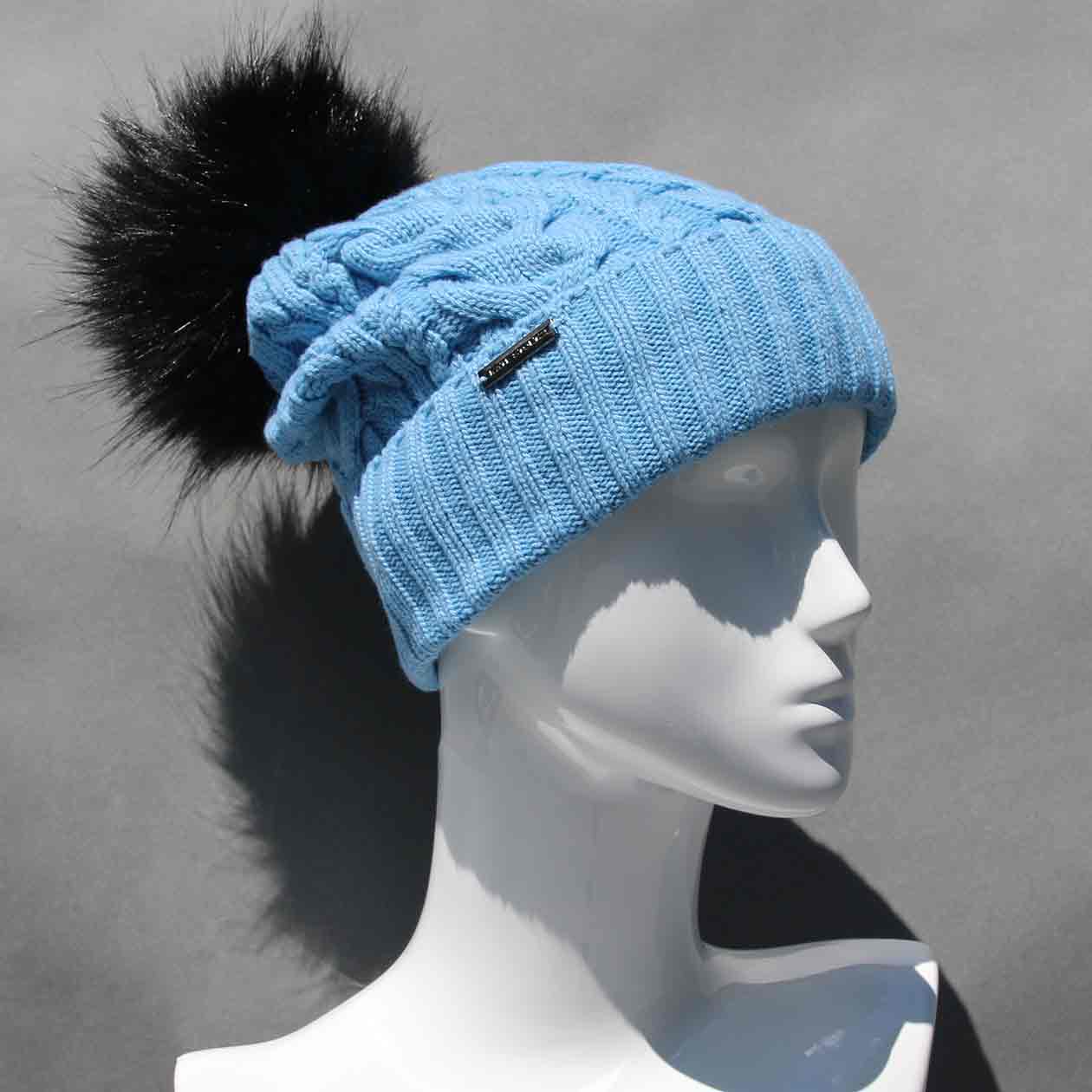 Spring Lake Blue Cable Knit Hat with Custom Color Faux Fur Pom Pom