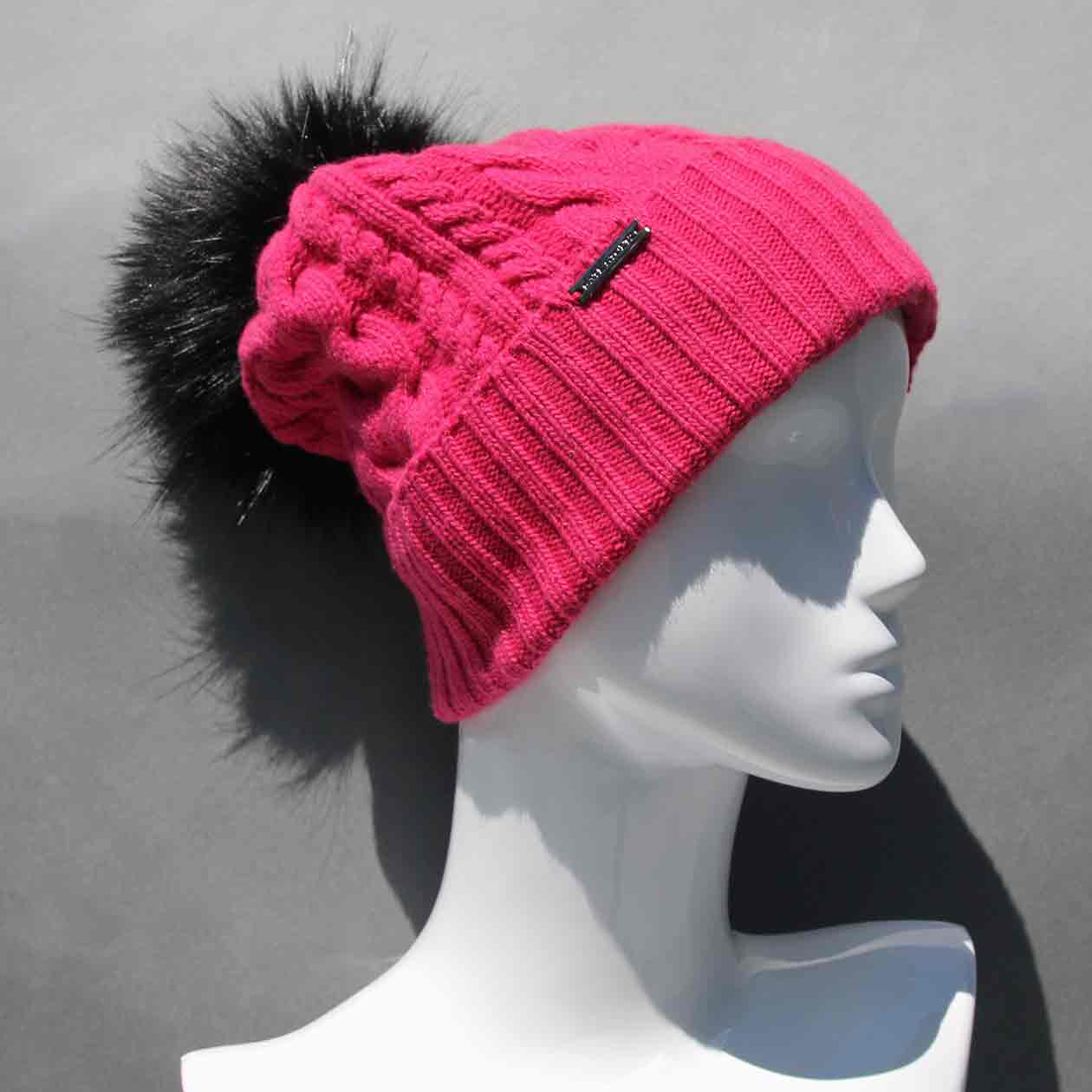 Orchid Flower Fuchsia Cable Knit Hat with Custom Color Faux Fur Pom Pom