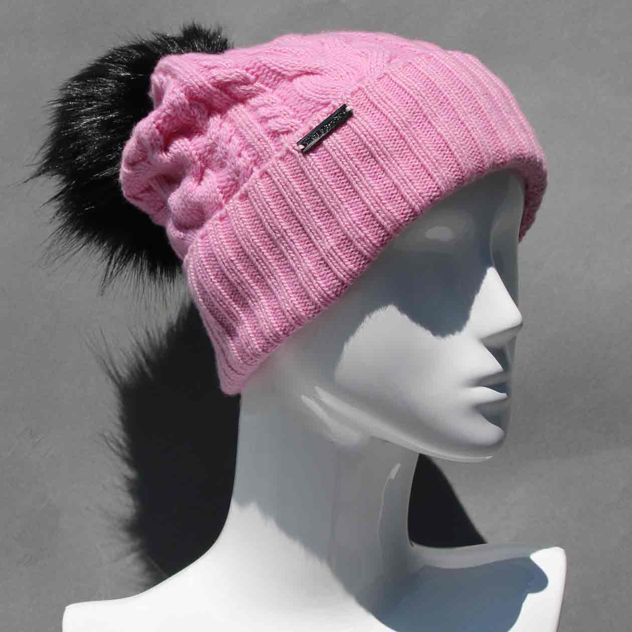 Party Pink Cable Knit Hat with Custom Color Faux Fur Pom Pom