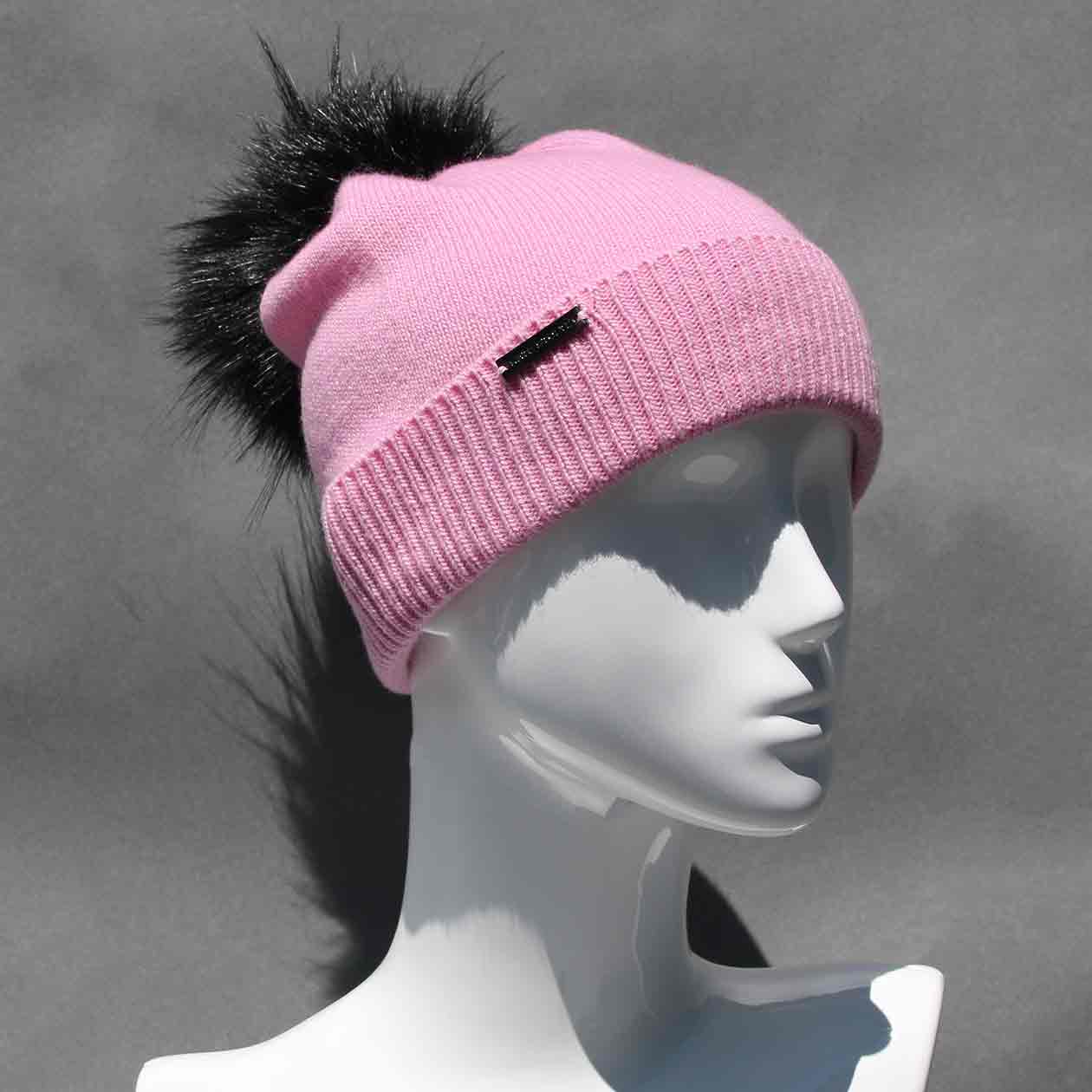 Party Pink Knit Hat with Custom Color Faux Fur Pom Pom