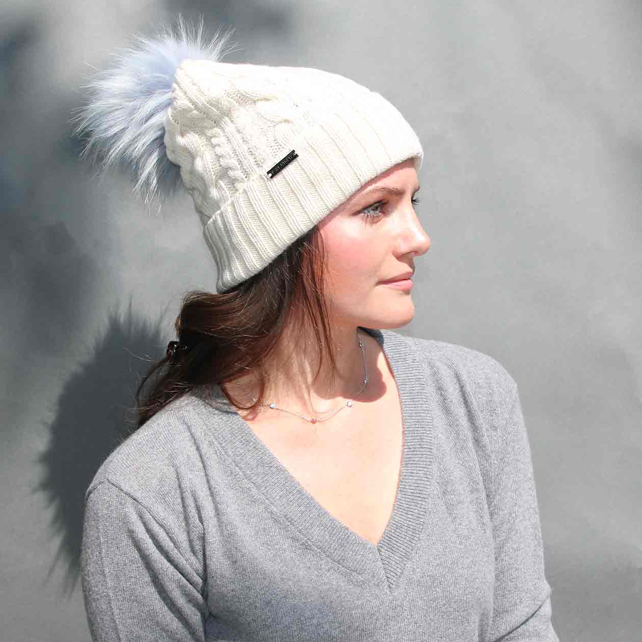 Almond White Cable Knit Hat with Custom Color Faux Fur Pom Pom