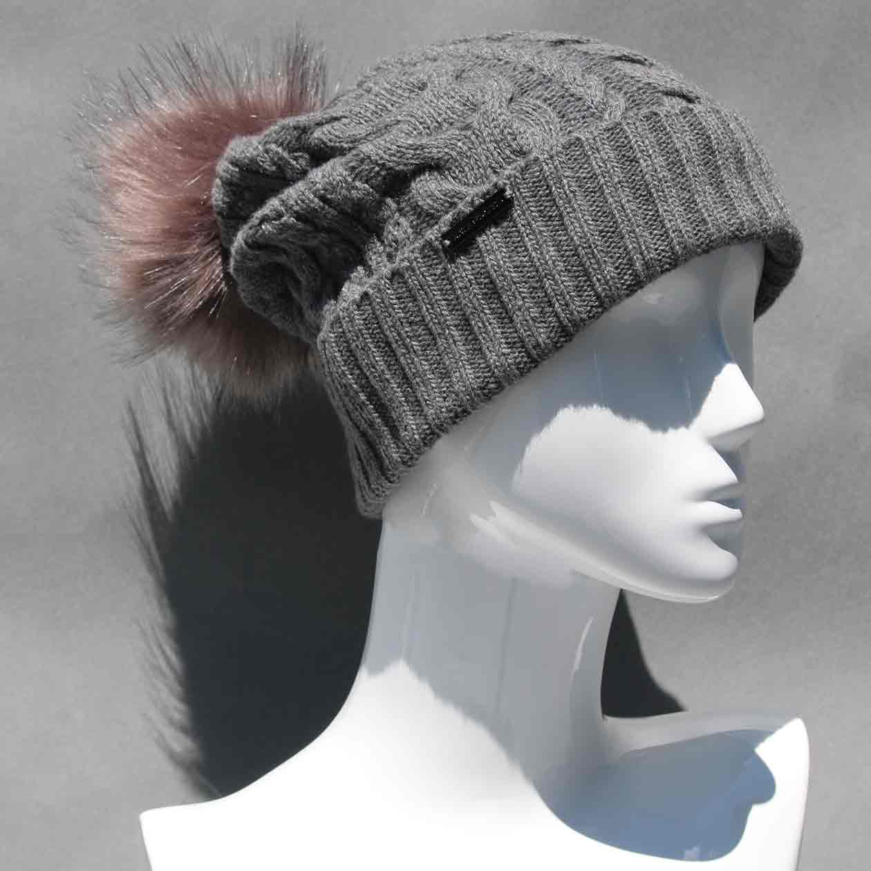 Ultimate Gray Cable Knit Hat with Custom Color Faux Fur Pom Pom