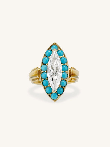 Victorian 1.31 Marquise Cut Diamond & Turquoise Navette Engagement Ring