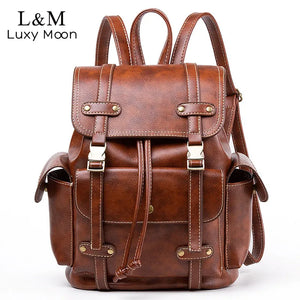 Vintage Leather Backpack Women Fashion Large Drawstring Rucksack School Travel Bag For Teenage Girls Mochilas Black Brown XA480H - shopglobalbazzar.com