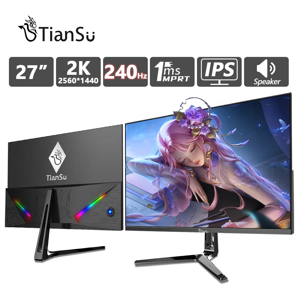 TIANSU 27 Inch Monitor 165Hz 2K HDMI 240Hz Gaming Computer Monitor 144Hz DP 16:9 Desktop IPS Screen Audio Full HD Gamer Display