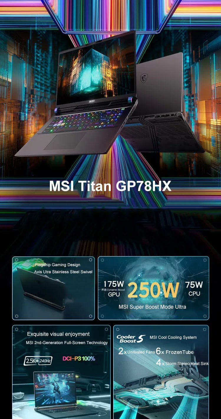 MSI Titan GP78HX Gaming Laptop 17 Inch 2.5K 240Hz IPS Screen Notebook i9-13980HX 16GB 1TB RTX4080 Computer Ultra Gaming Netbook
