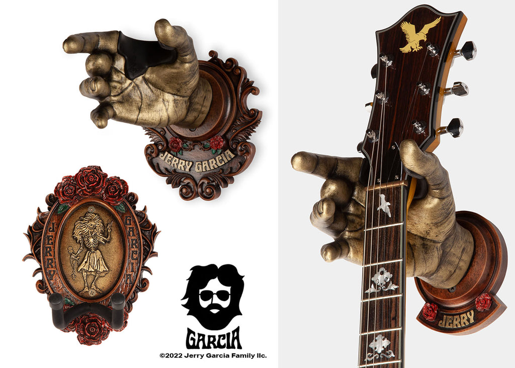 Collection of wall hangers showing Rosebud from the Grateful Dead and two gold wall hangers for instruments.