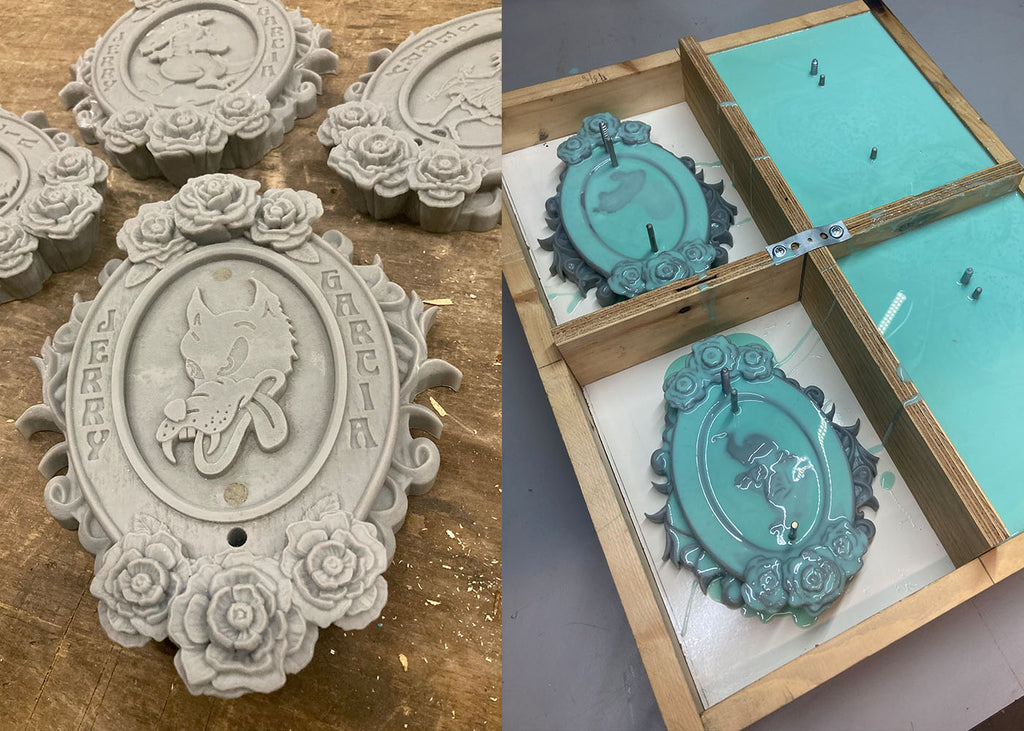 Rubber mold and 3d prints of Jerry Garcia guitar logo wall mounts.