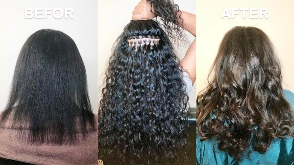 Eine Frau installierte brasilianische Knotenverlängerungen Nr. 4 in ihrem schütteren Haar.