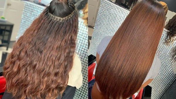 Un cliente usó cabello a granel de color marrón rojizo con nudos brasileños para crear un peinado largo y liso.