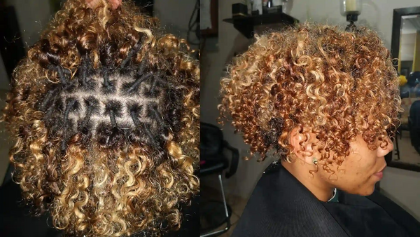 A customer used blonde curly brazilian knot extensions to add volume to her hair and got a curly bob hairstyle.