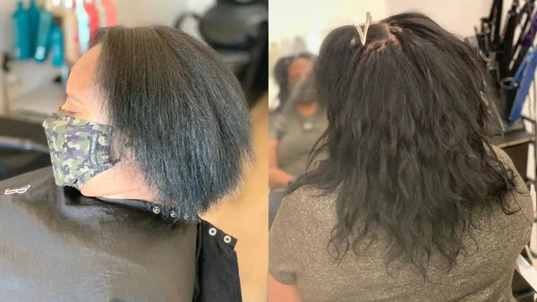 Una mujer aumentó su propio cabello de 6 pulgadas a 12 pulgadas con extensiones de nudo brasileño.