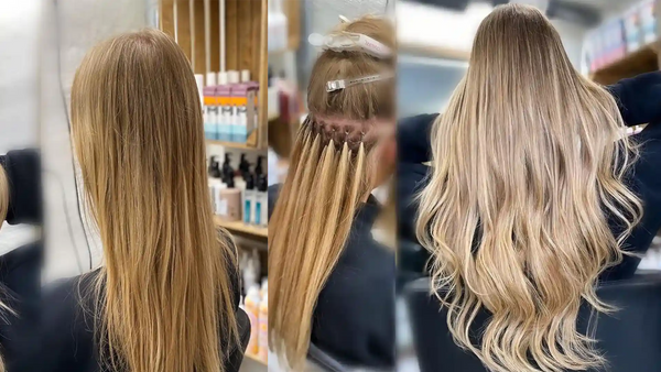 Eine Frau mit braunem Haar wählt Haarverlängerungen von Strawberry Blonde Brazilian Knots, um eine blonde Frisur mit dunklem Ansatz zu erhalten.