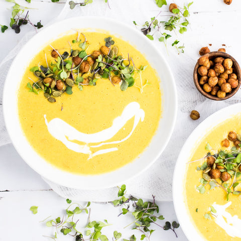 corn and carrot soup with roasted chickpeas