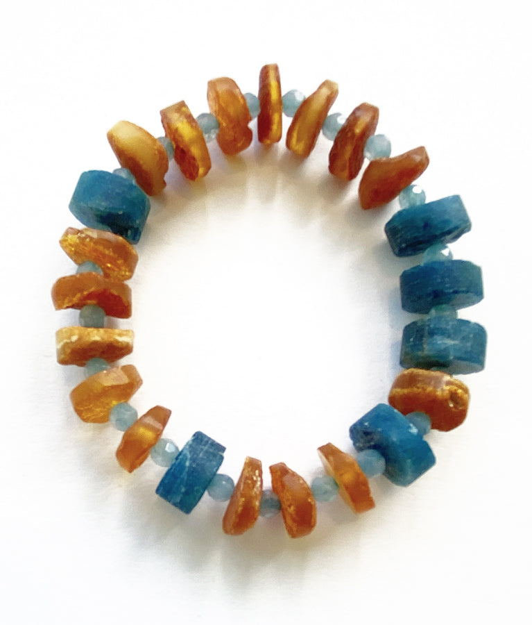 Bracelet- Amber, Blue Tourmaline & Aquamarine