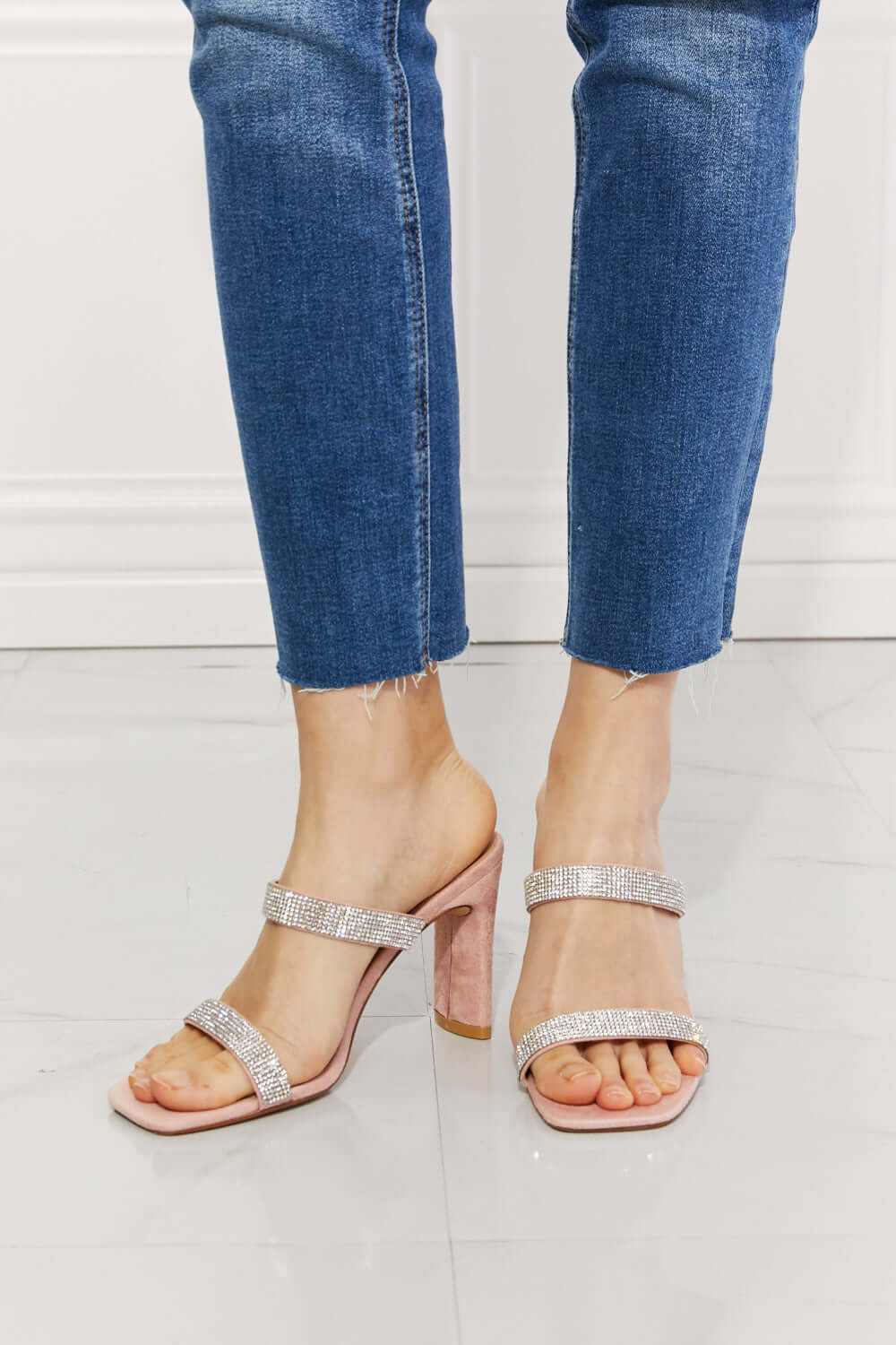 Sparkle in Pink: Rhinestone Block Heel Sandals