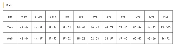 Little Yellow Bird Size Chart