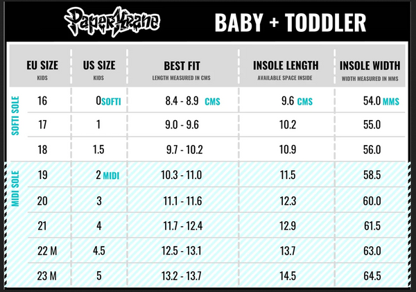 PaperKrane Baby and Toddler Size Chart