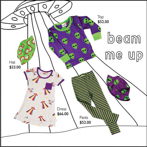 Moromini Spring 2022 Outer Space prints featuring the phrase 'Beam Me Up'
