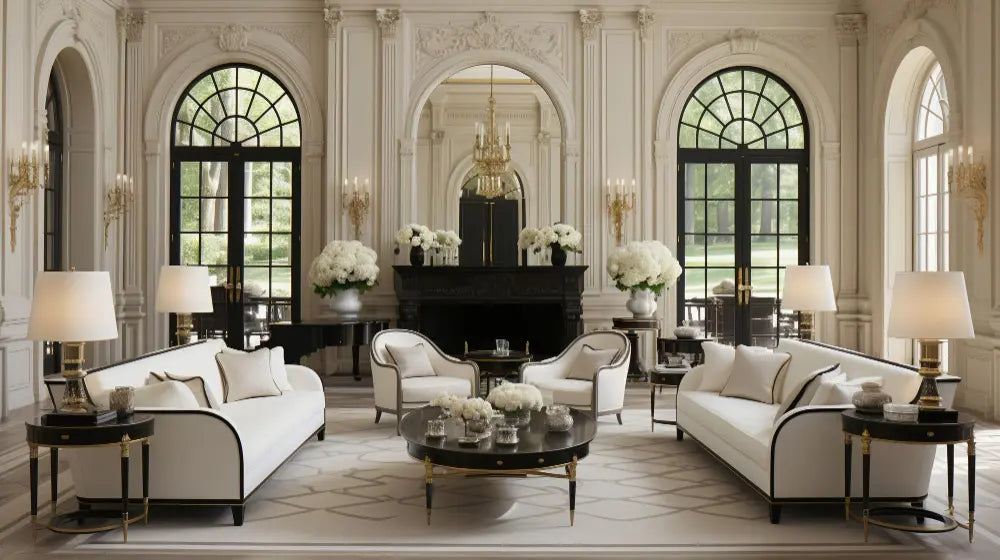 salon classique avec deux canapés blanc, une grande fenêtre, une table basse, un fauteuil blanc, c'est un salon classique