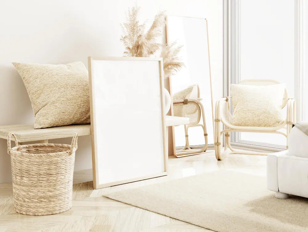 photo d'un bout de salon beige, un tapis beige, un banc et un coussin beige, un cadre blanc