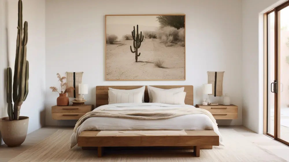 sommier en bois, parquet en bois, pot avec un cactus cadre sur le mur