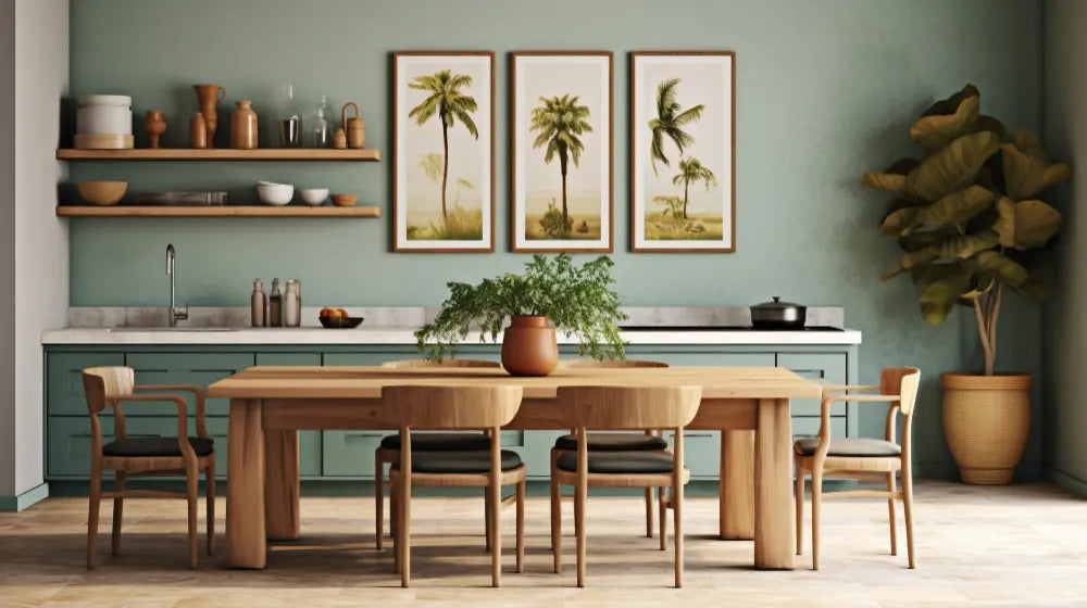 salon avec table en bois, chaises en bois, parquet en bois, cuisine verte, pot de fleur en bois