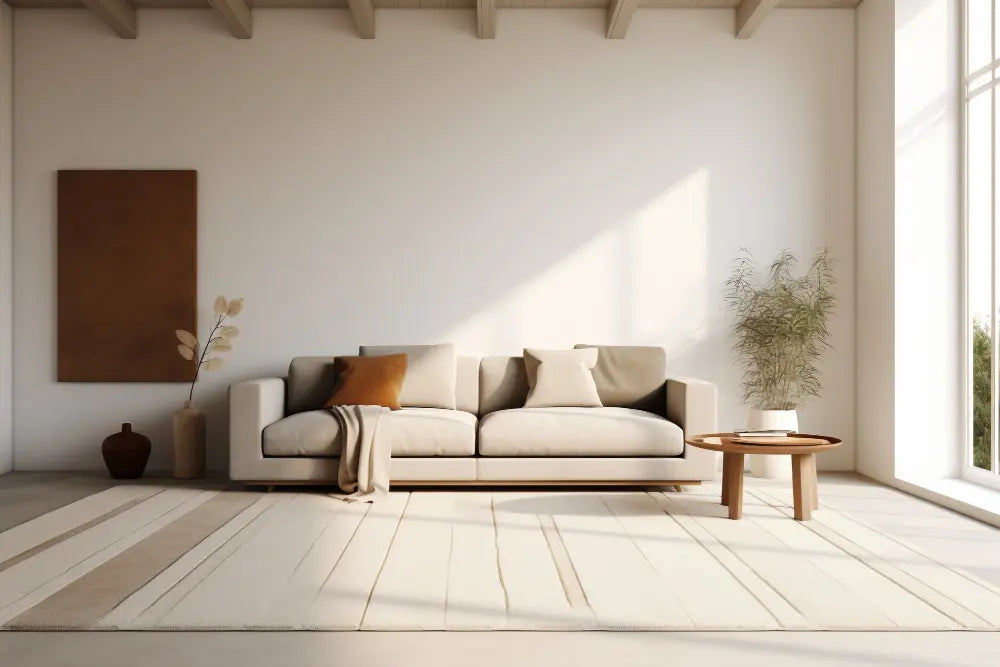 salon épuré et minimaliste avec un canapé, un grand mur blanc
