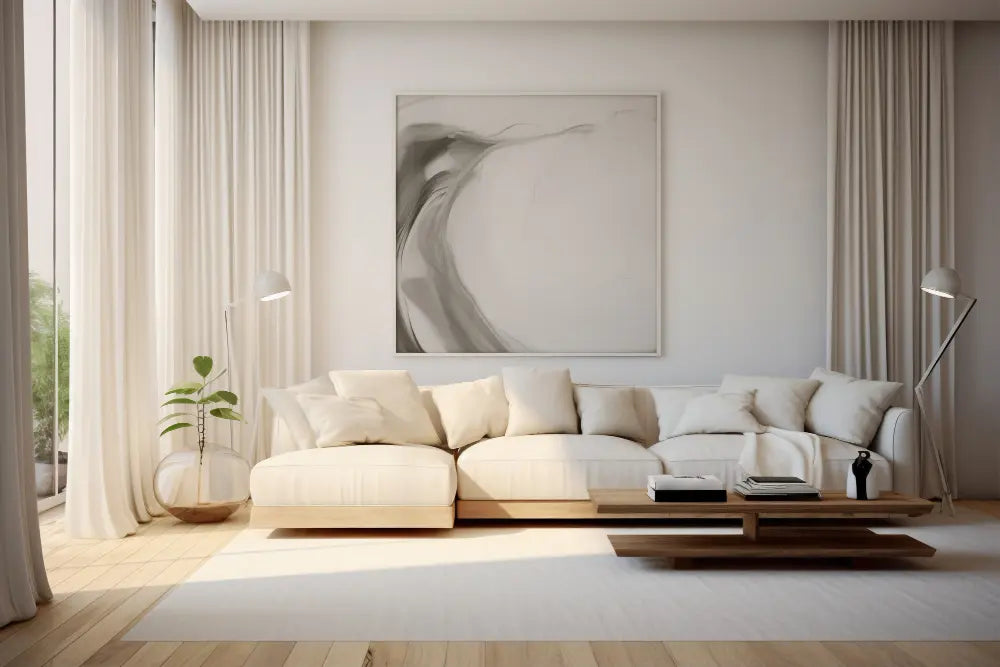 canapé d'angle blanc, un cadre attaché sur un grand mur blanc, une baie vitrée, une plante verte, une table basse en bois