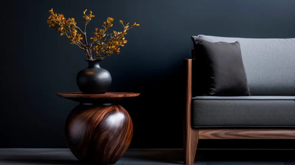 vase en bois avec un mur noir, canapé avec pieds en bois, un canapé gris 