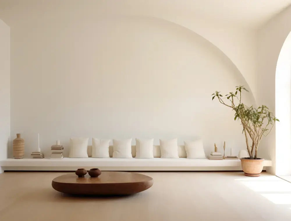 salon minimaliste épuré avec du beige, une large banquette