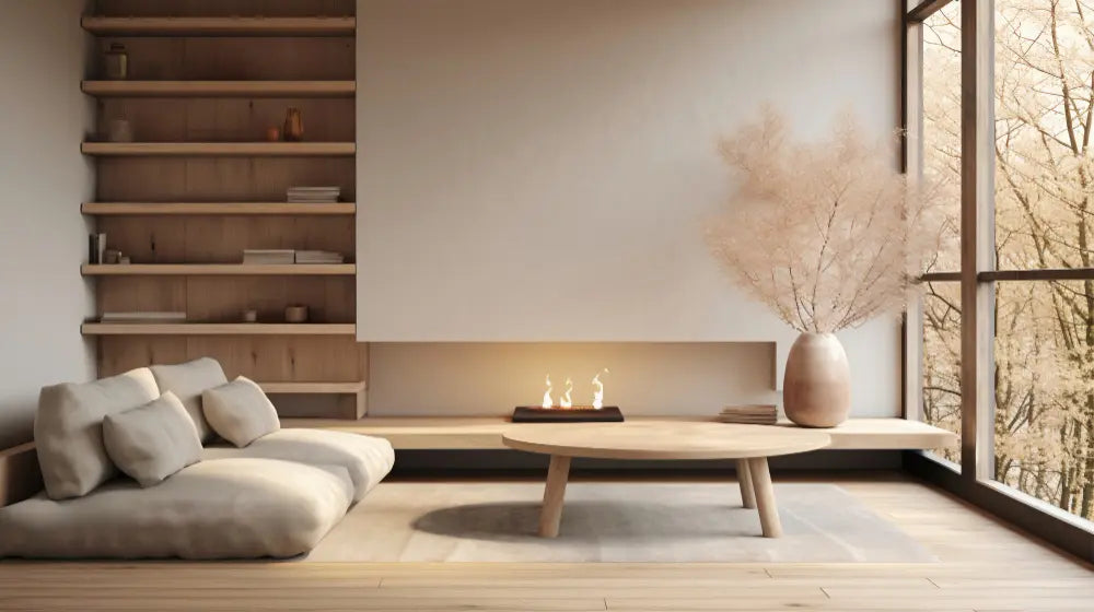 salon minimaliste et épuré avec du mobilier en bois, un canapé blanc, une grande baie vitrée