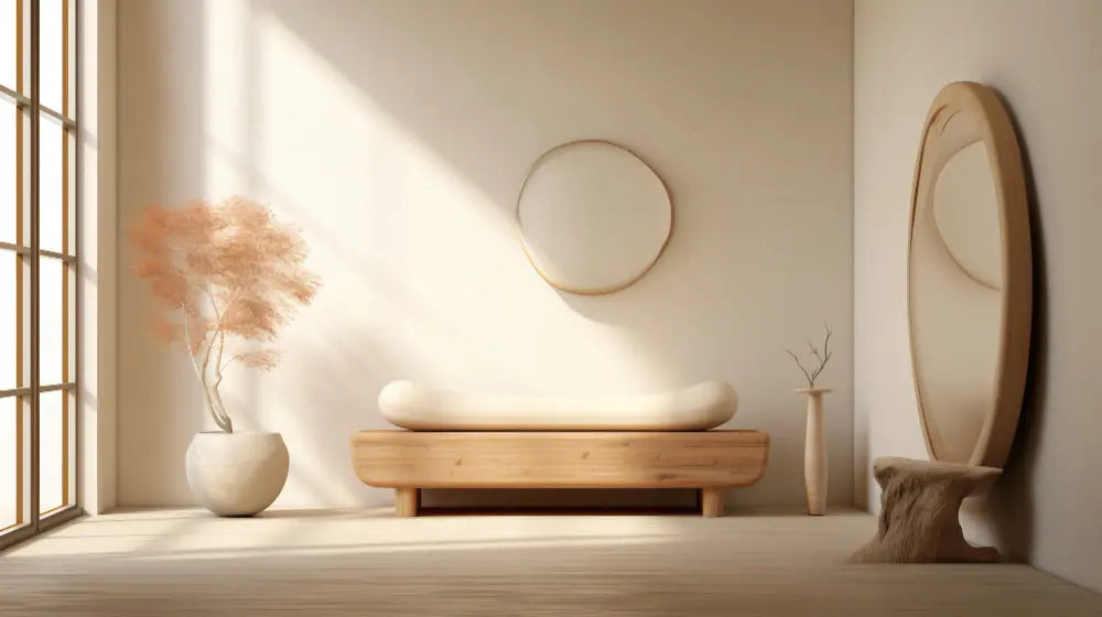 entrée minimaliste avec un style japonais, un grand mur blanc, un sol en bois, une large fenêtre