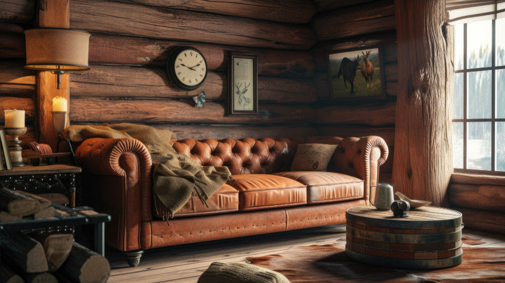 salon rustique, un canapé en cuir, un mur et un sol en bois, une grande fenêtre, un tapis en vieille peau au sol 