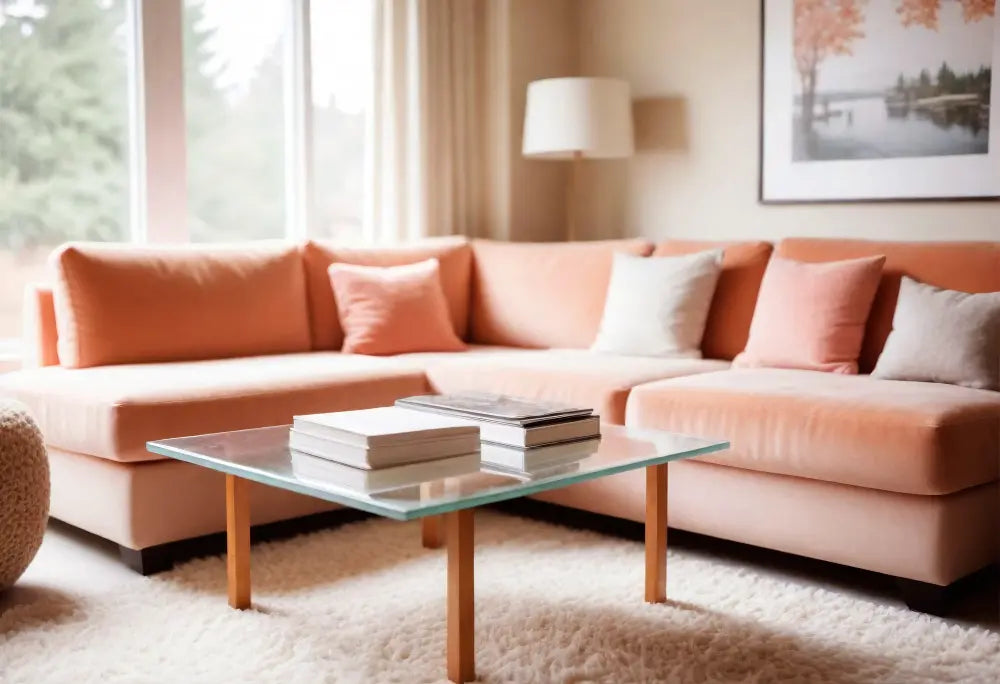 canapé d'angle rose avec moquette au sol, table basse en vert avec des pieds en bois et une grande baie vitrée