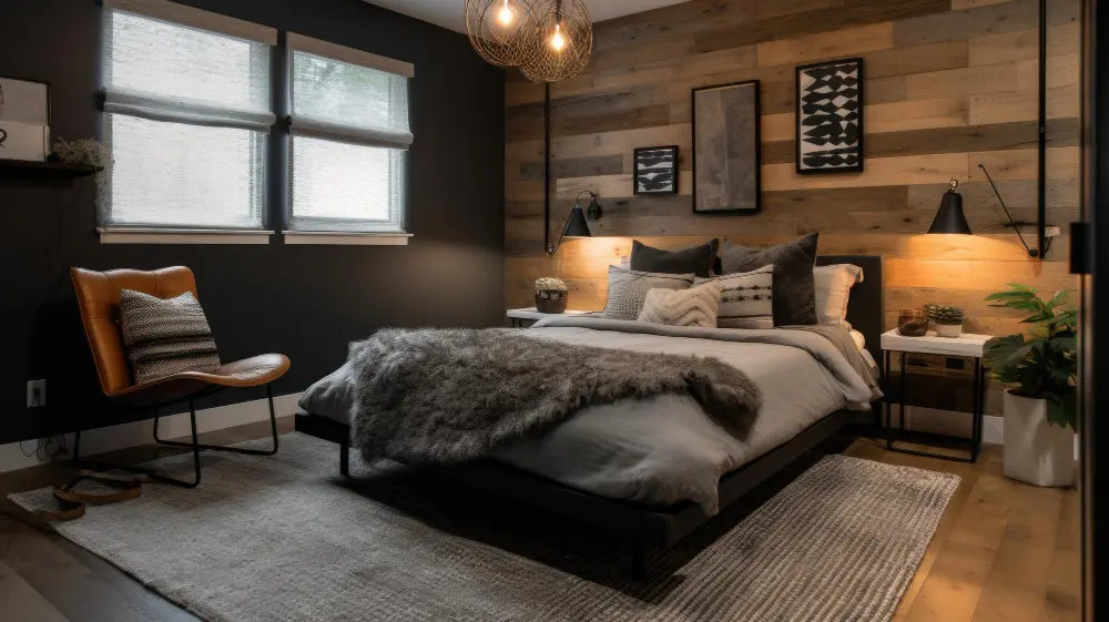 chambre en bois avec gros tapis, une table de chevet