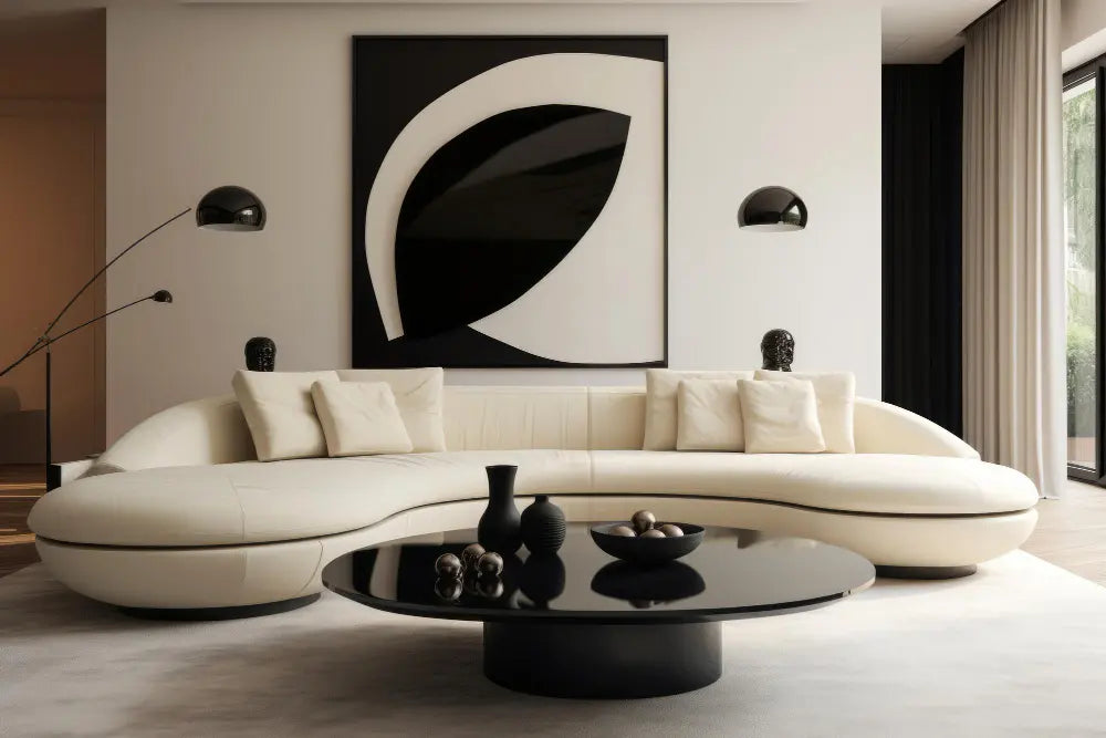 salon moderne avec un grand canapé arrondi, une table basse noir, une grande baie vitrée, de la moquette blanche, un tableau noir, une lampe noire 