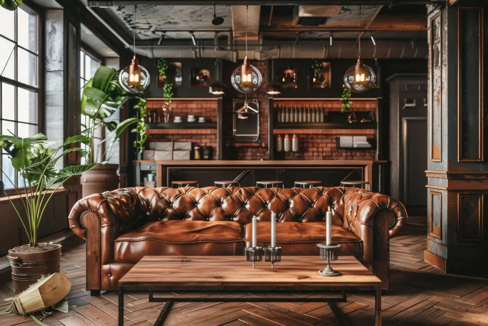 bar dans un salon avec un canapé en cuir, un bar derrière avec des bouteilles au mur