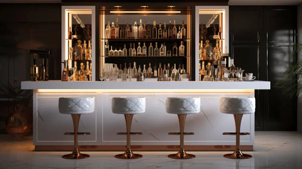 bar salon avec tabourets blanc, un mur avec des bouteilles