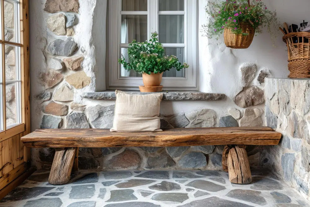 entrée à la déco campagne chic avec un banc en bois, un mur en pierre, un sol en pierre, porte en bois