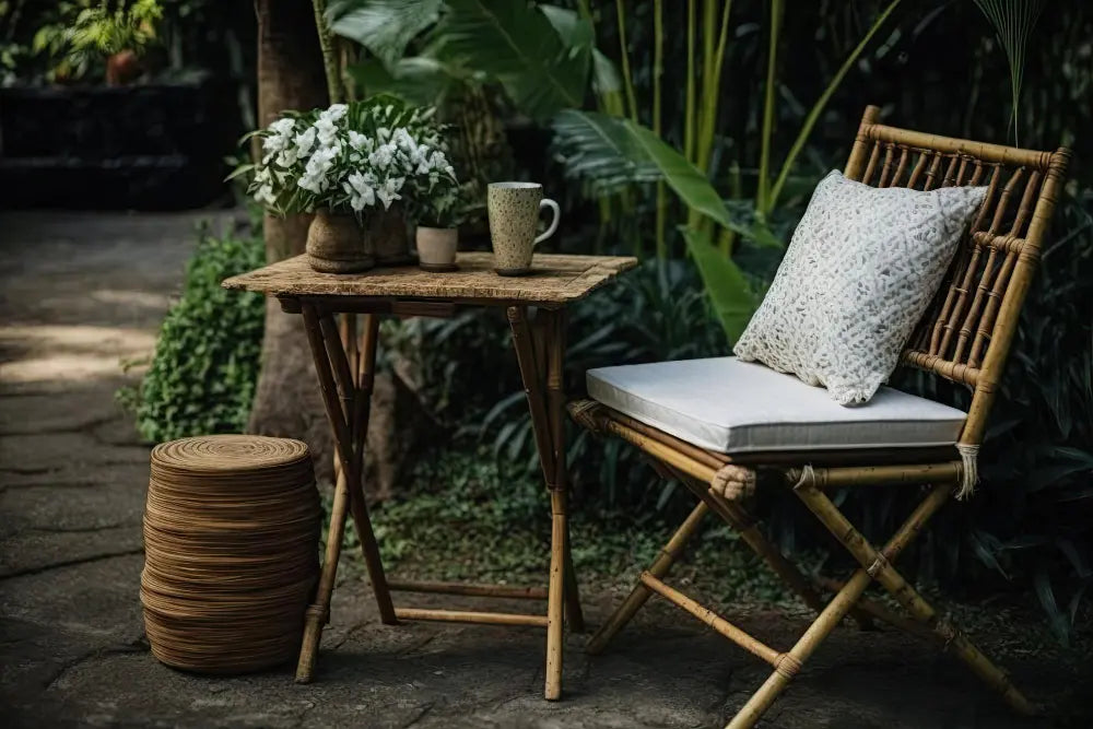 Photo d'une terrasse en bois avec une table en bois, une chaise en bambou, des plantes vertes, une tasse posée sur la table en bois