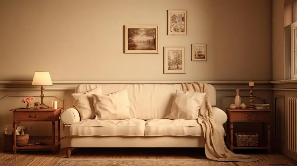 canapé beige avec un parquet en bois, un grand mur blanc